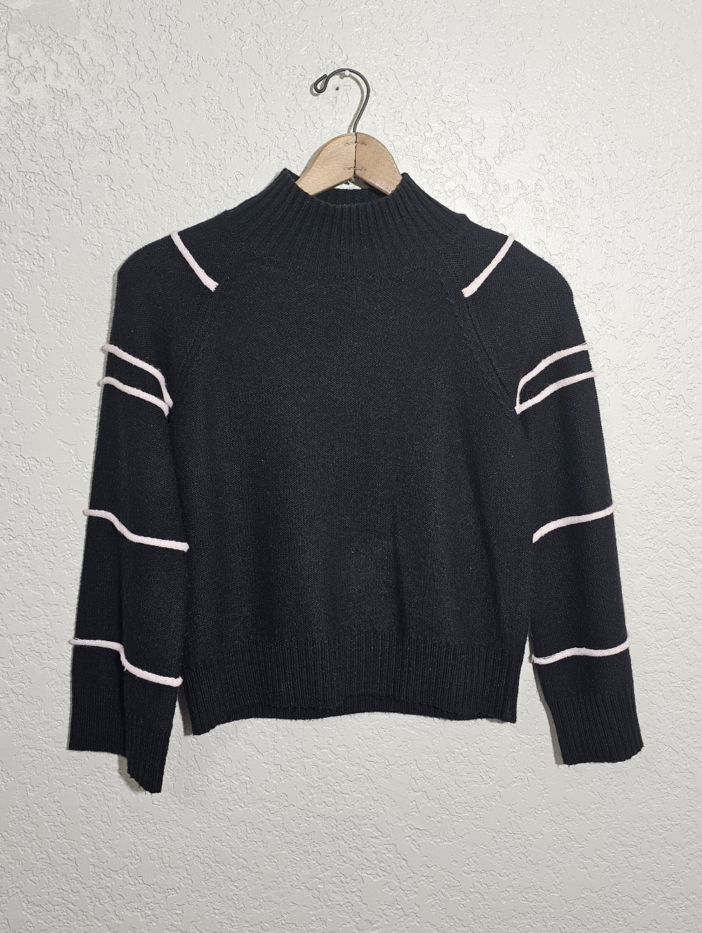Anthro Amadi Black/Pale Pink Striped Sleeve Wool Blend Sweater